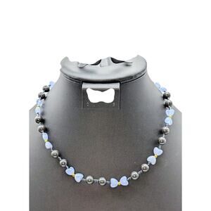 Vintage Gray Glass & Light Blue Heart Bead 18" Barrel Clasp Necklace